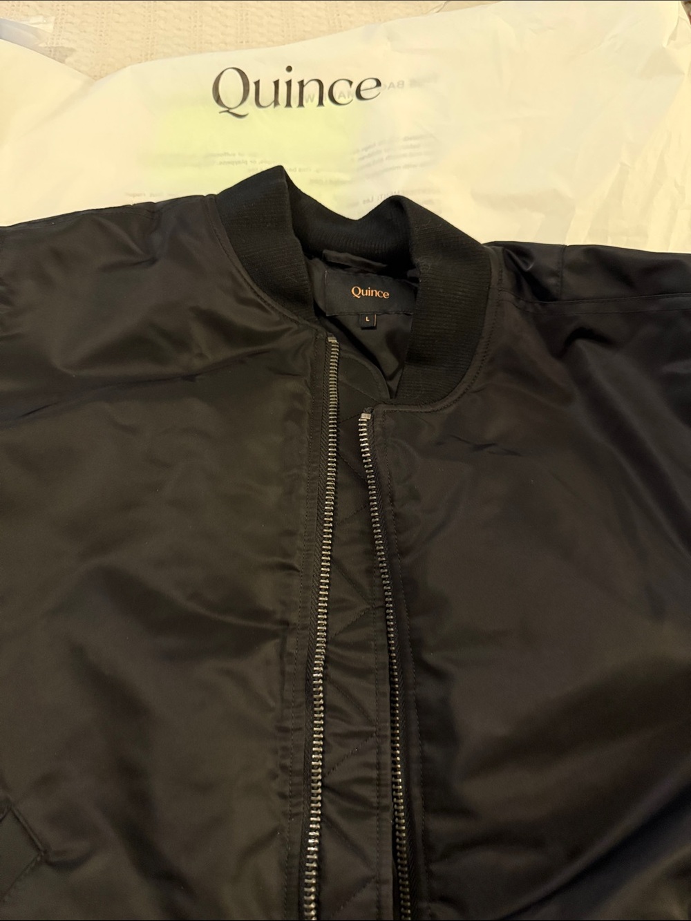 Quince Black Women's Bomber Jacket with Silver Zipper
